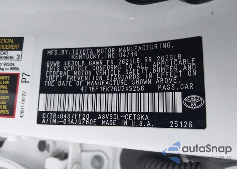 2016 Toyota Camry Se from USA, damaged, VIN 4T1BF1FK2GU245256